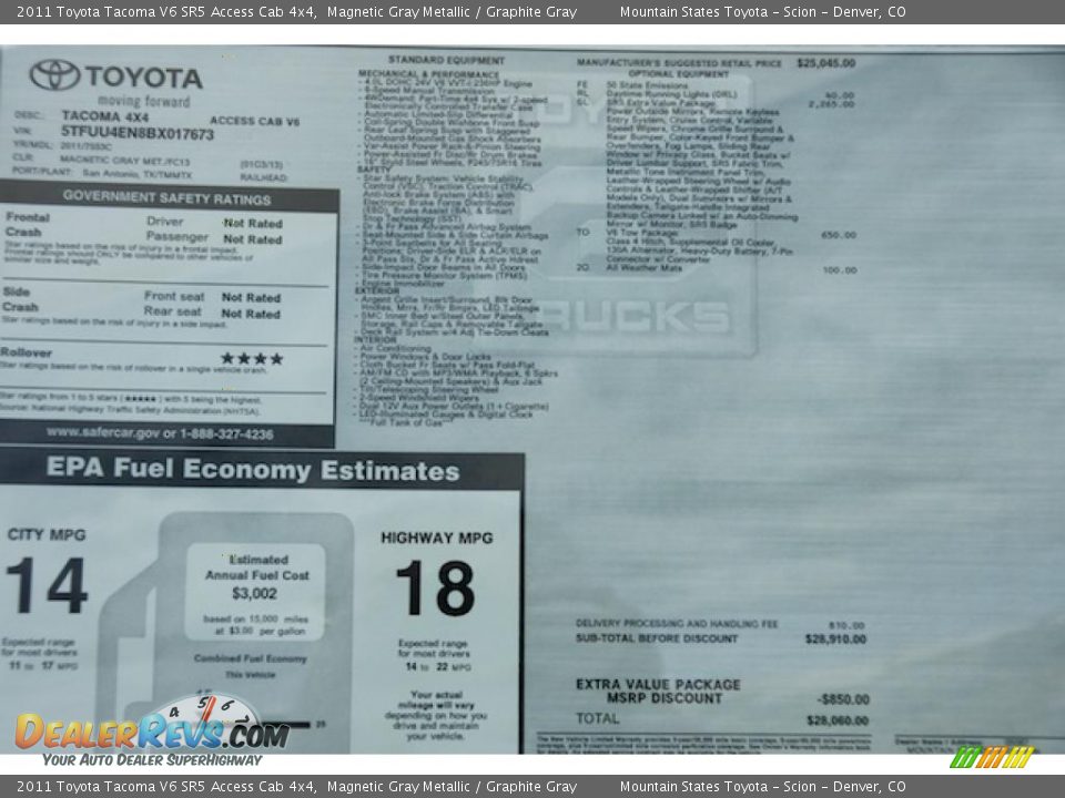 2011 Toyota Tacoma V6 SR5 Access Cab 4x4 Magnetic Gray Metallic / Graphite Gray Photo #11