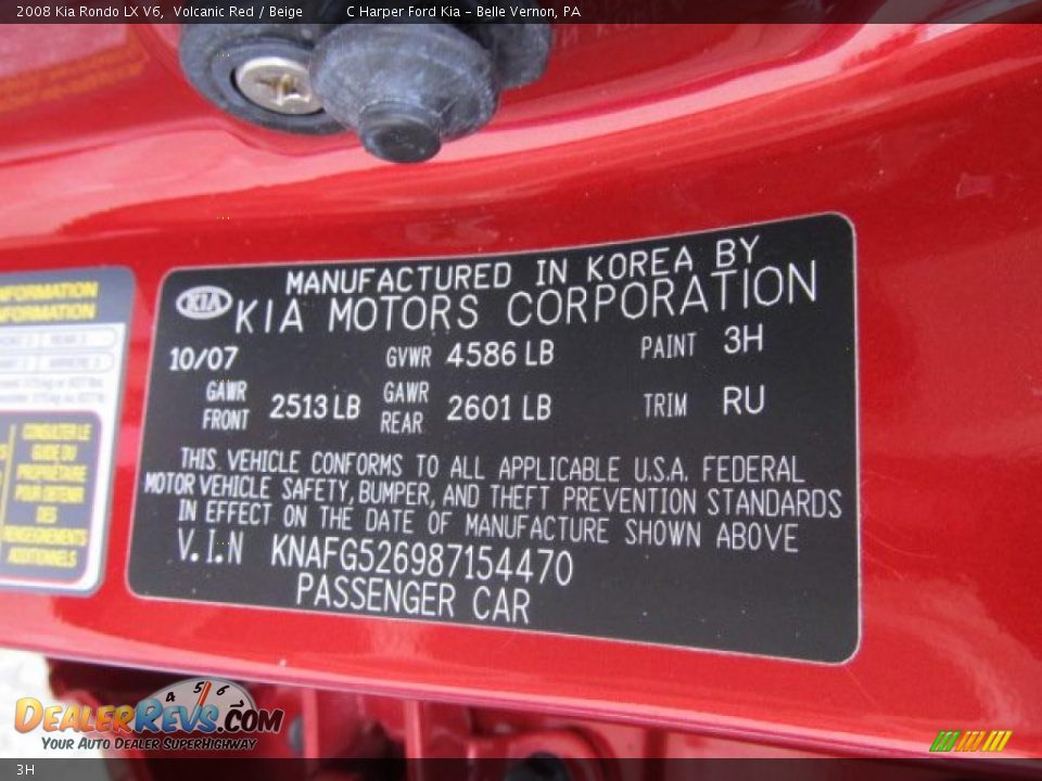 Kia Color Code 3H Volcanic Red