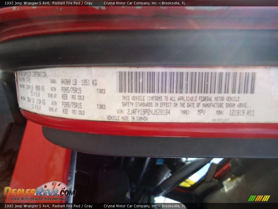 1992 Jeep Wrangler S 4x4 Radiant Fire Red / Gray Photo #31