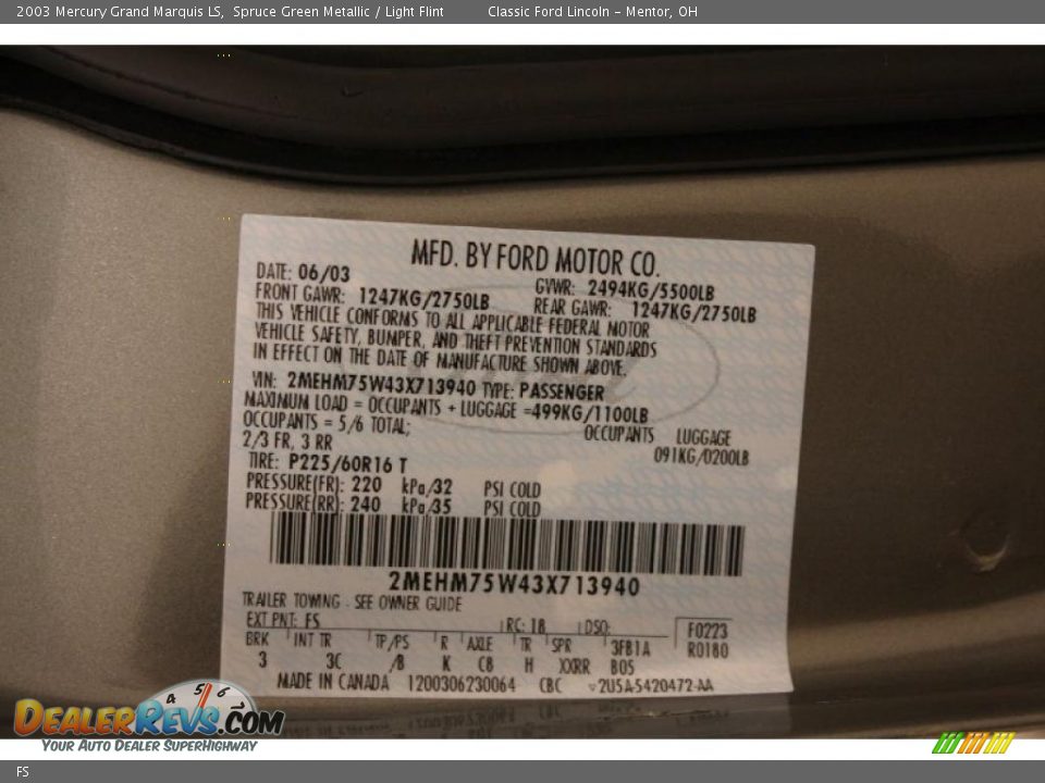 Mercury Color Code FS Spruce Green Metallic