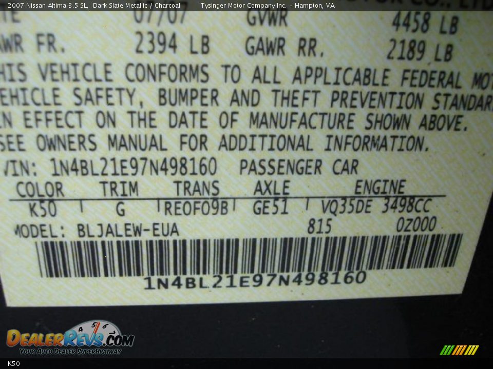 Nissan Color Code K50 Dark Slate Metallic