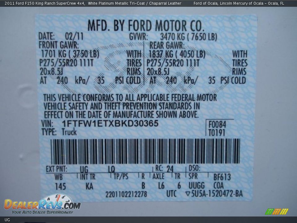 Ford Color Code UG White Platinum Metallic Tri-Coat