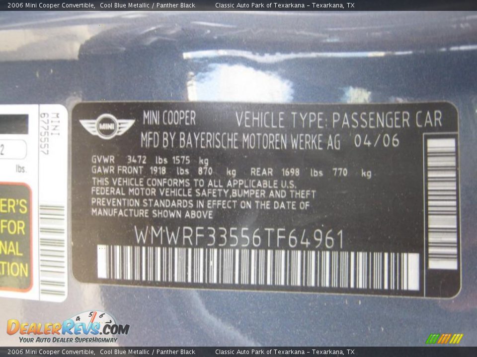 2006 Mini Cooper Convertible Cool Blue Metallic / Panther Black Photo #18