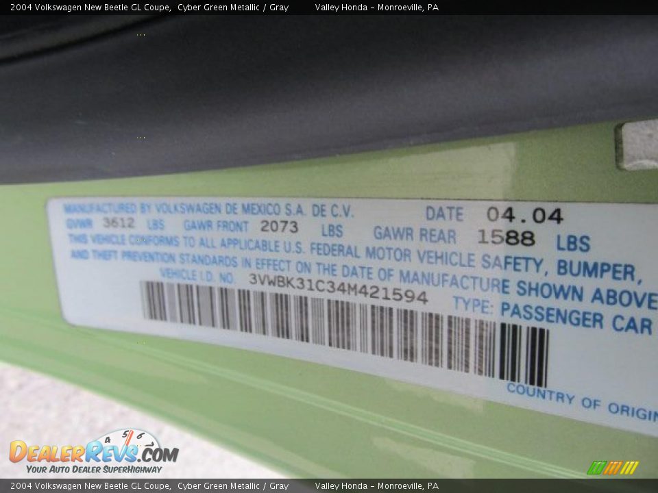 Info Tag of 2004 Volkswagen New Beetle GL Coupe Photo #13