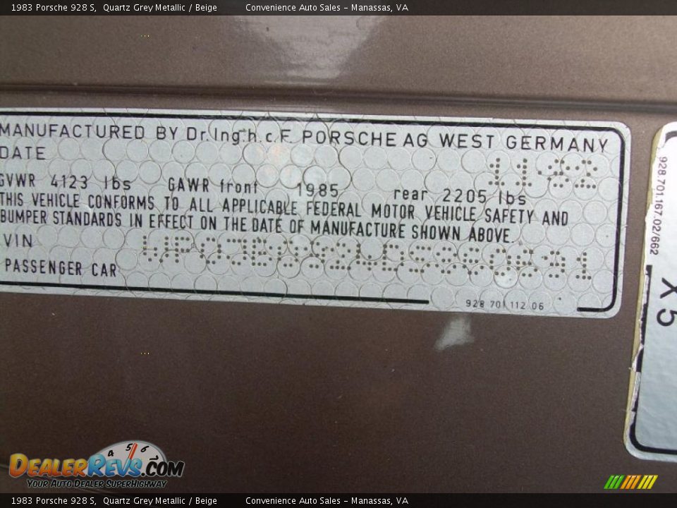 Info Tag of 1983 Porsche 928 S Photo #10