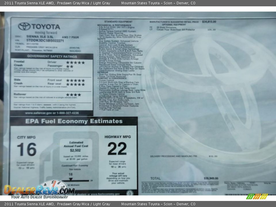 2011 Toyota Sienna XLE AWD Window Sticker Photo #11