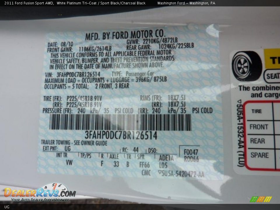 Ford Color Code UG White Platinum Tri-Coat