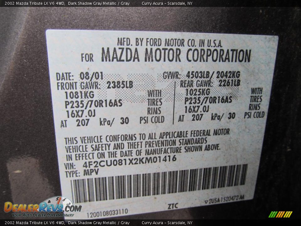 Info Tag of 2002 Mazda Tribute LX V6 4WD Photo #24