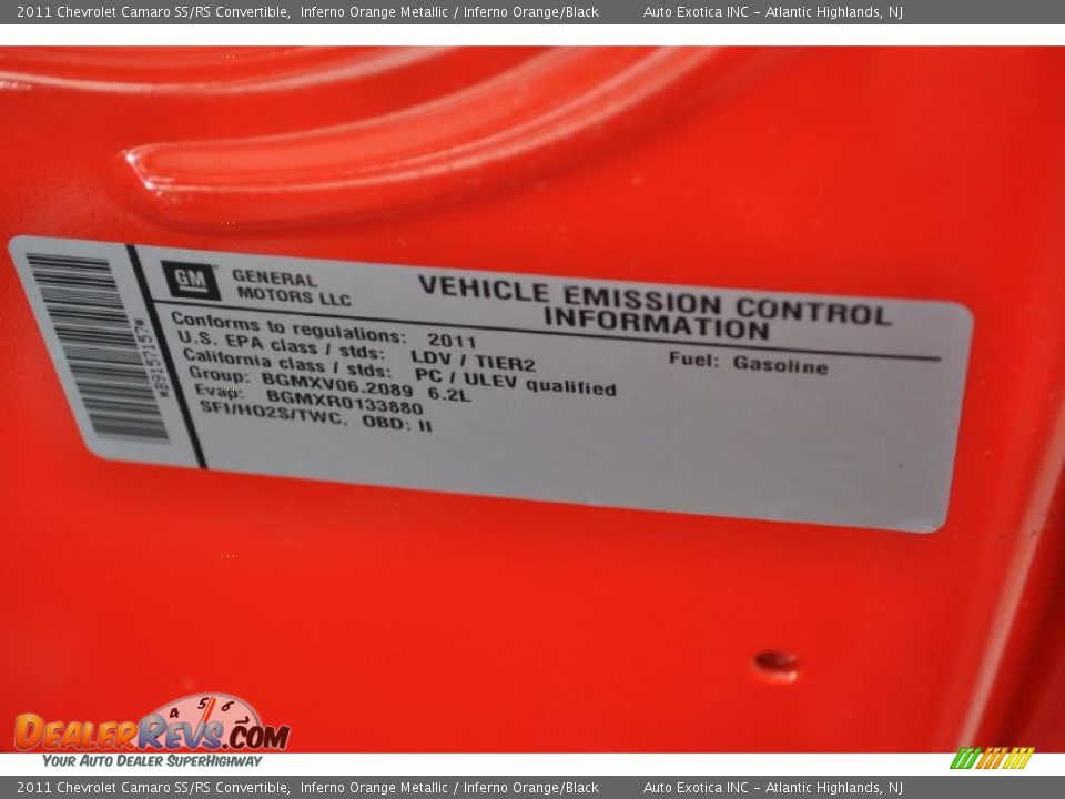Info Tag of 2011 Chevrolet Camaro SS/RS Convertible Photo #17