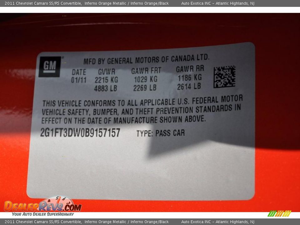 Info Tag of 2011 Chevrolet Camaro SS/RS Convertible Photo #18