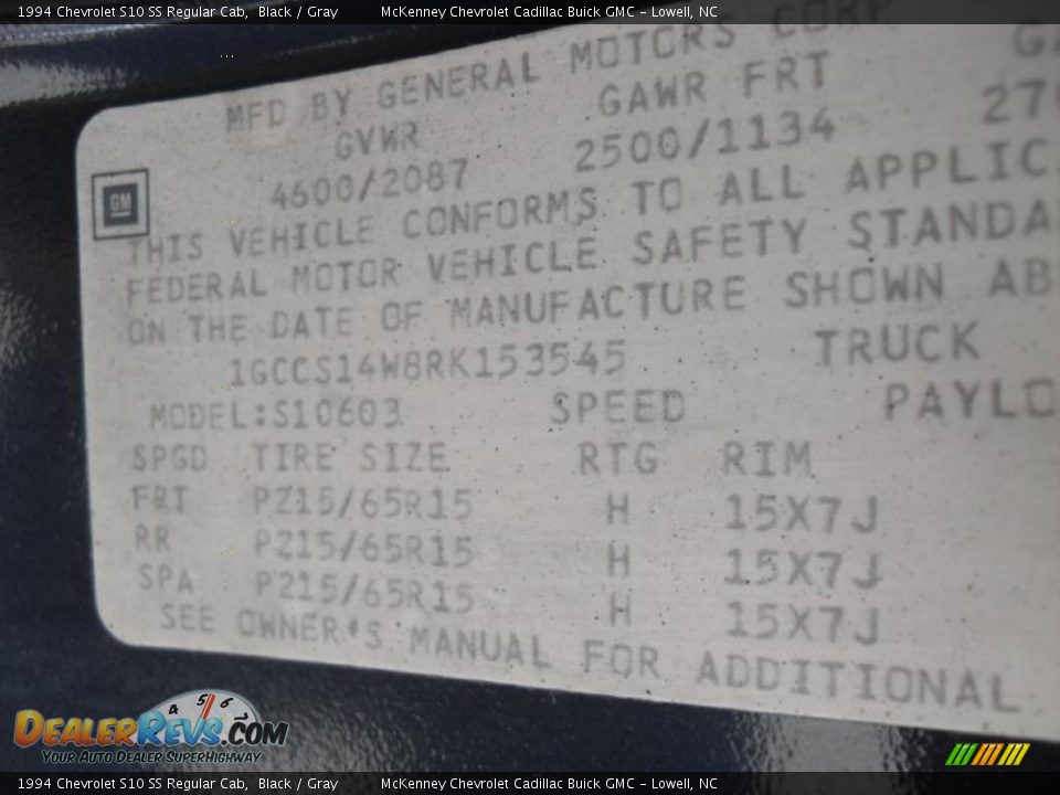 1994 Chevrolet S10 SS Regular Cab Black / Gray Photo #7