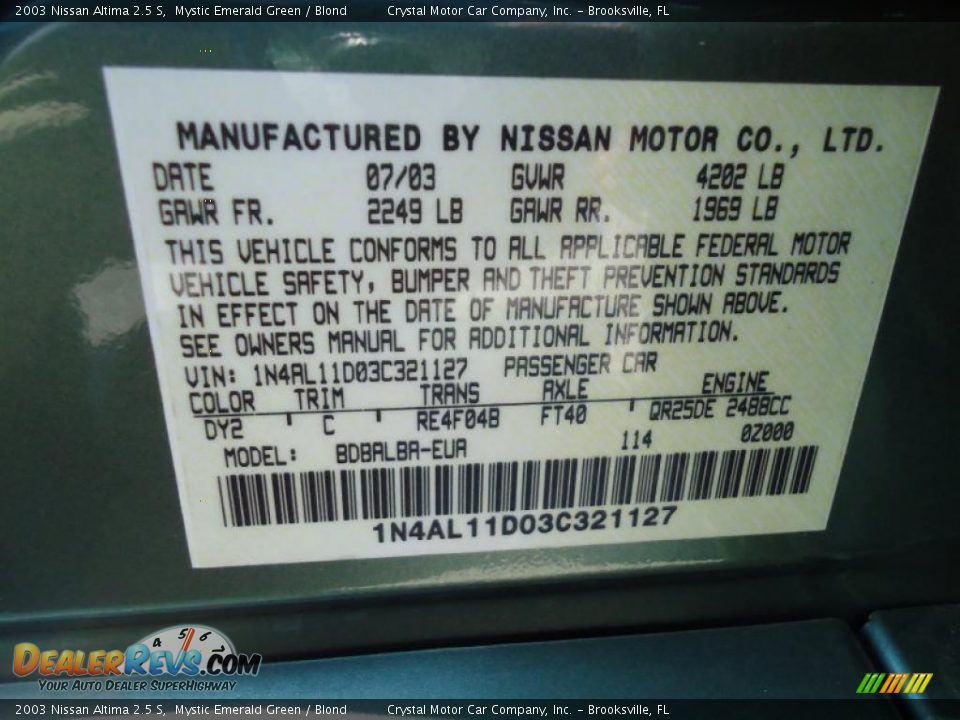 2003 Nissan Altima 2.5 S Mystic Emerald Green / Blond Photo #34