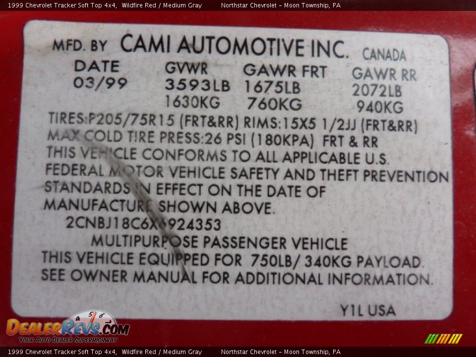 Info Tag of 1999 Chevrolet Tracker Soft Top 4x4 Photo #13