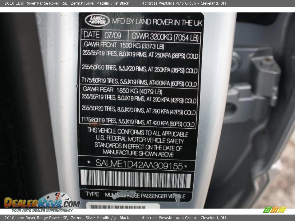 Info Tag of 2010 Land Rover Range Rover HSE Photo #22