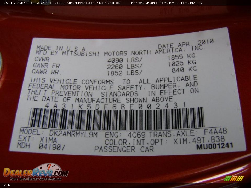 Mitsubishi Color Code X1M Sunset Pearlescent