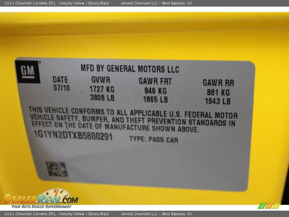 Info Tag of 2011 Chevrolet Corvette ZR1 Photo #34