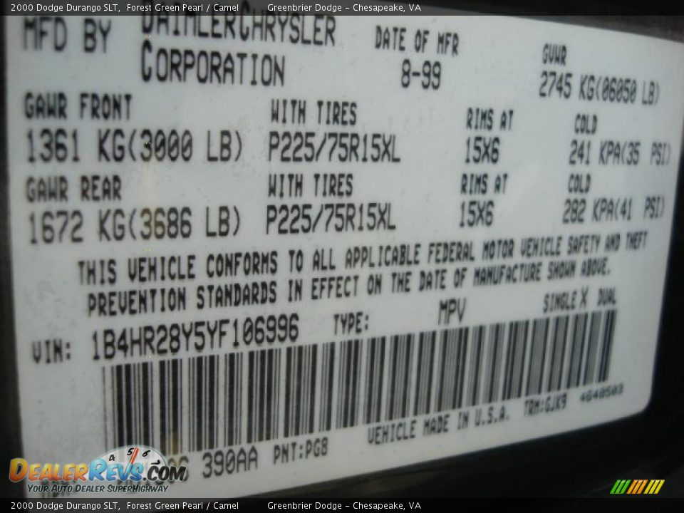 2000 Dodge Durango SLT Forest Green Pearl / Camel Photo #23