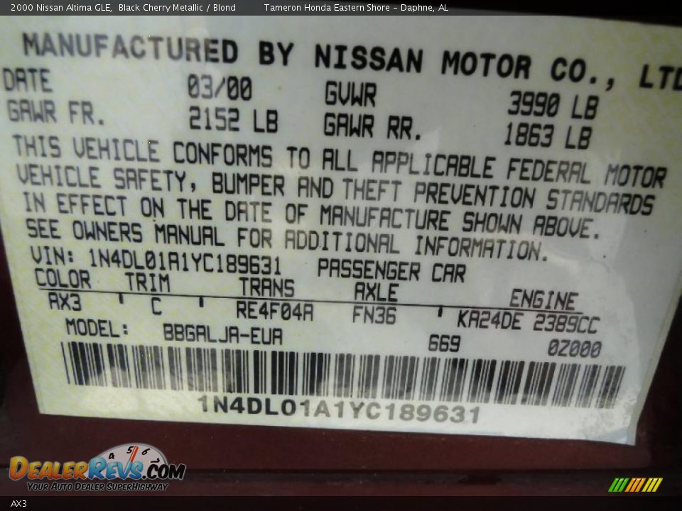 Nissan Color Code AX3 Black Cherry Metallic