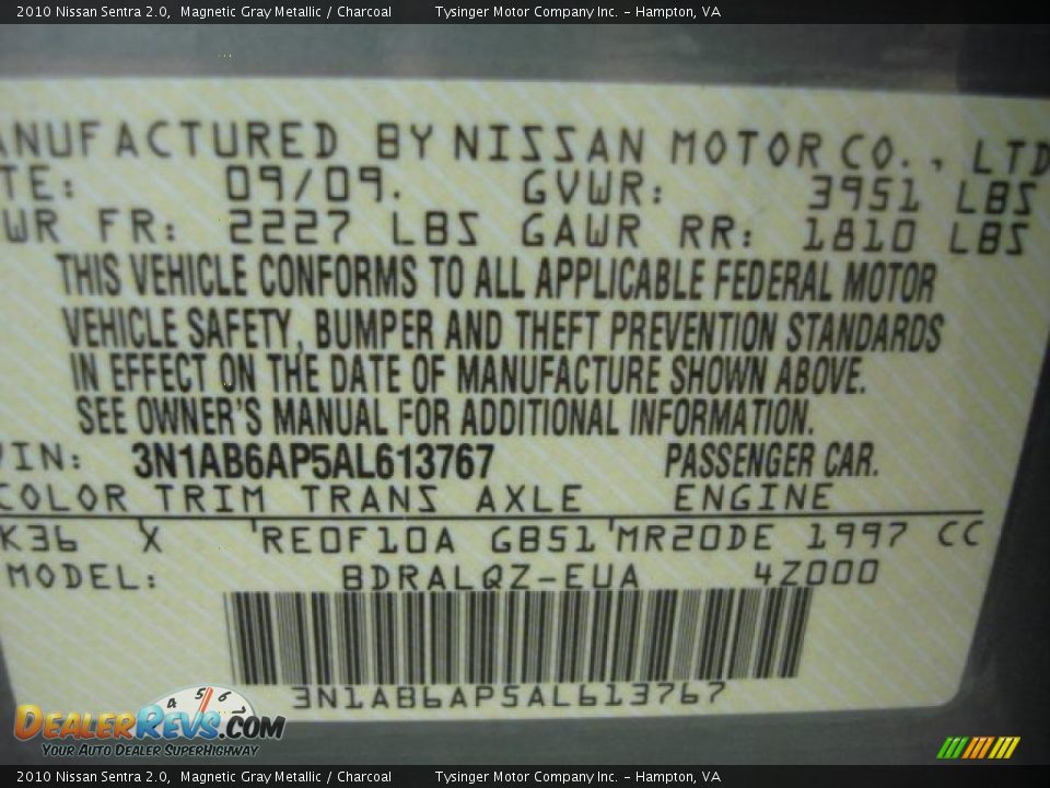 2010 Nissan Sentra 2.0 Magnetic Gray Metallic / Charcoal Photo #17