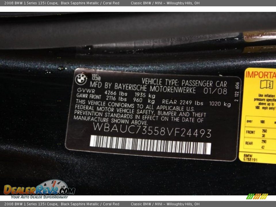 Info Tag of 2008 BMW 1 Series 135i Coupe Photo #20