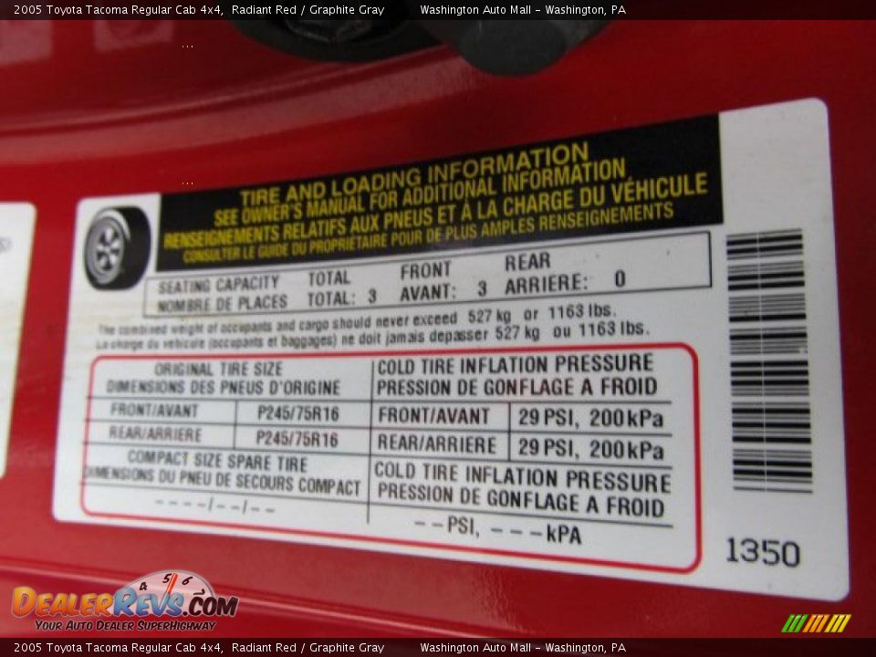 Info Tag of 2005 Toyota Tacoma Regular Cab 4x4 Photo #18