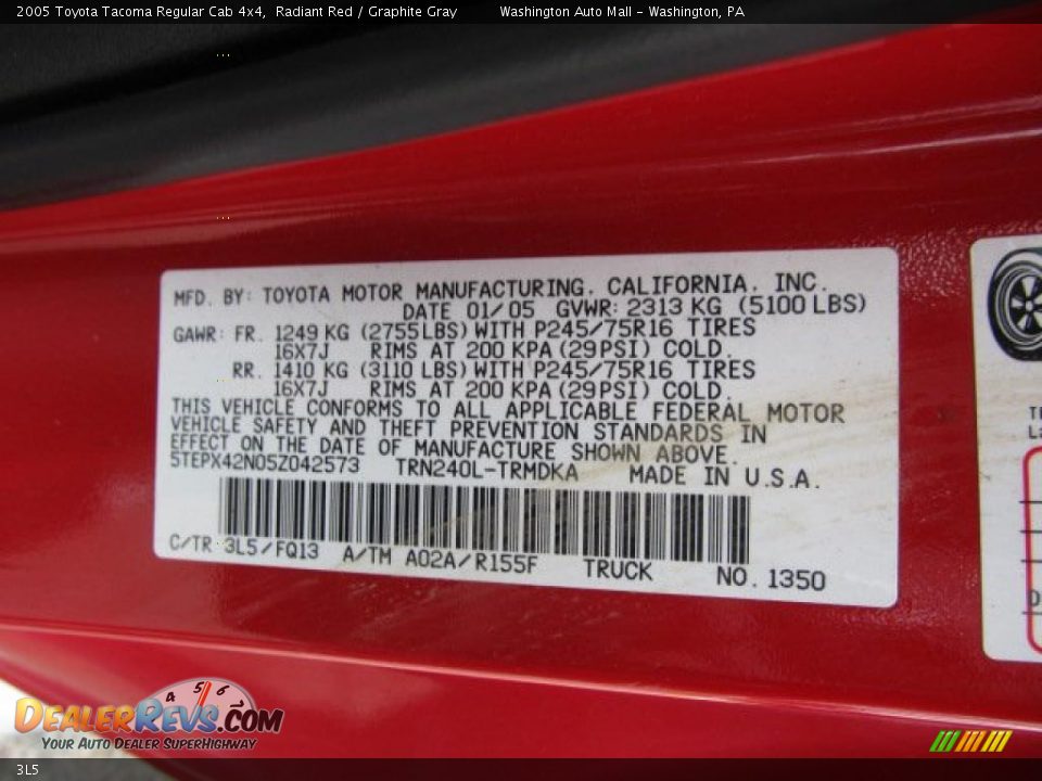 Toyota Color Code 3L5 Radiant Red