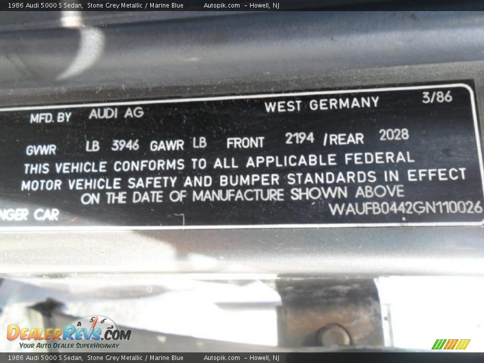 Info Tag of 1986 Audi 5000 S Sedan Photo #16