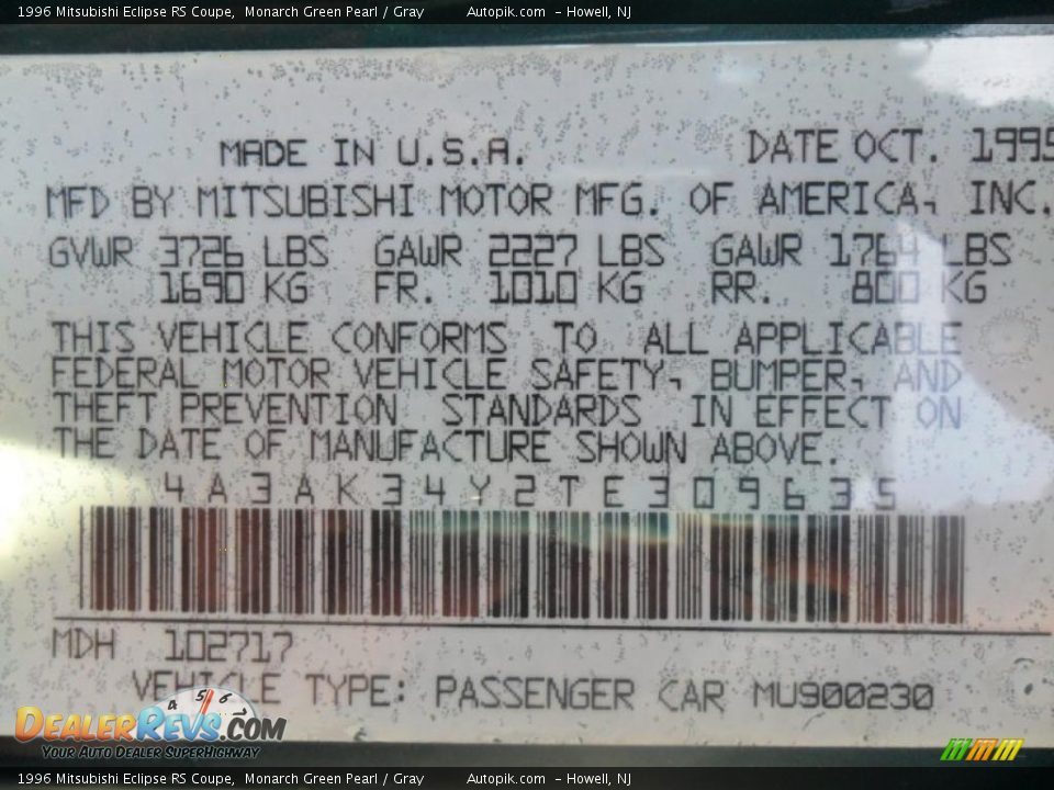 1996 Mitsubishi Eclipse RS Coupe Monarch Green Pearl / Gray Photo #15