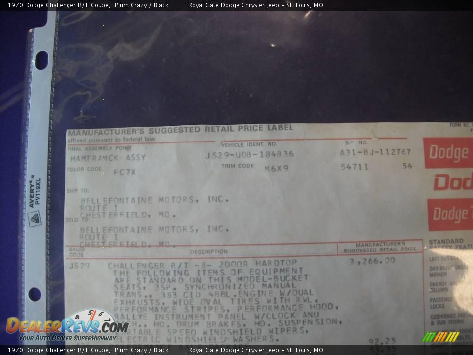 1970 Dodge Challenger R/T Coupe Window Sticker Photo #24