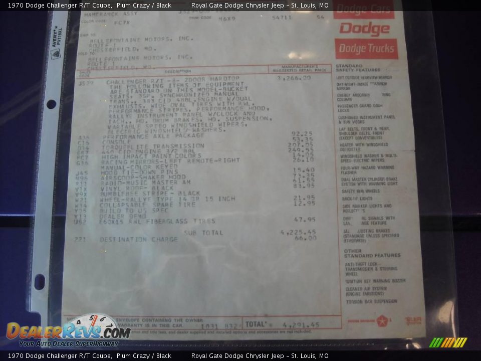 1970 Dodge Challenger R/T Coupe Window Sticker Photo #25