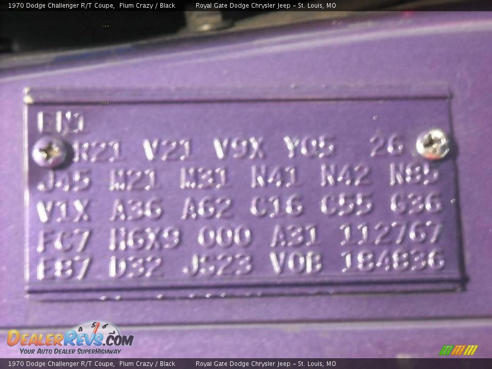 Info Tag of 1970 Dodge Challenger R/T Coupe Photo #29