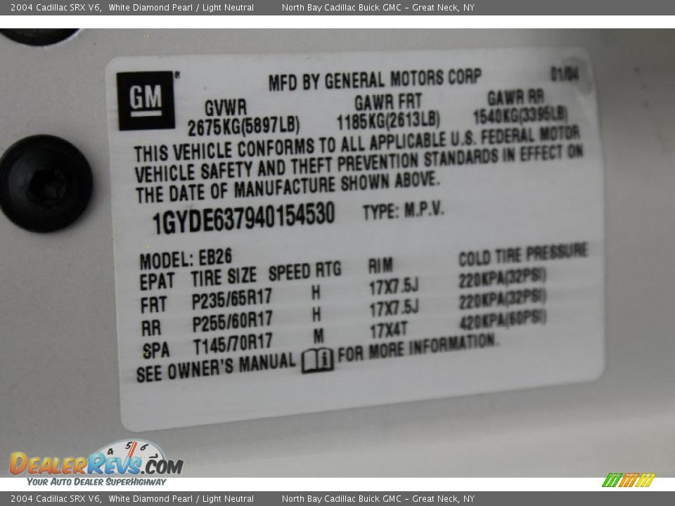 Info Tag of 2004 Cadillac SRX V6 Photo #26
