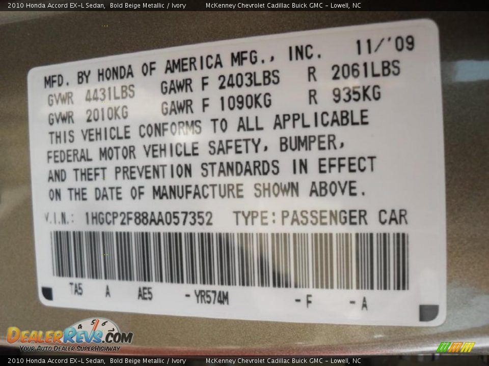 2010 Honda Accord EX-L Sedan Bold Beige Metallic / Ivory Photo #6