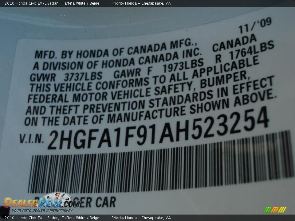 2010 Honda Civic EX-L Sedan Taffeta White / Beige Photo #22