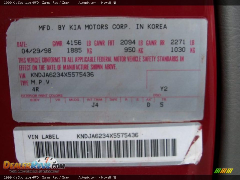 1999 Kia Sportage 4WD Garnet Red / Gray Photo #17