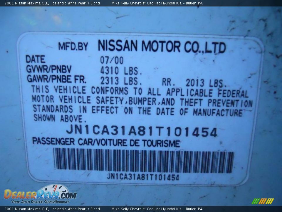 2001 Nissan Maxima GLE Icelandic White Pearl / Blond Photo #8