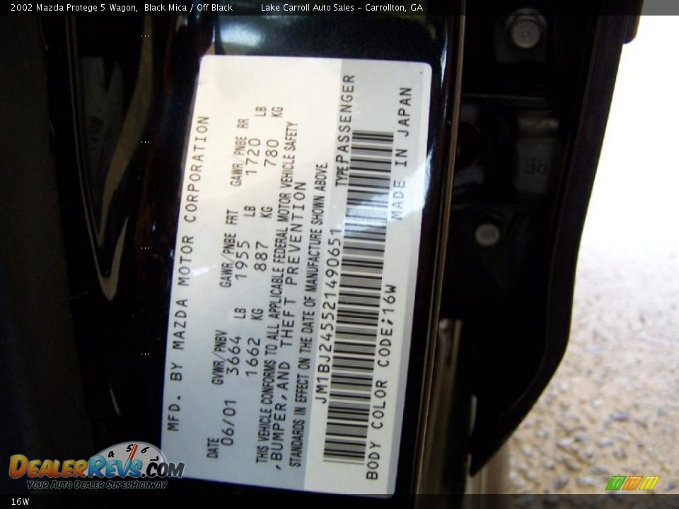 Mazda Color Code 16W Black Mica