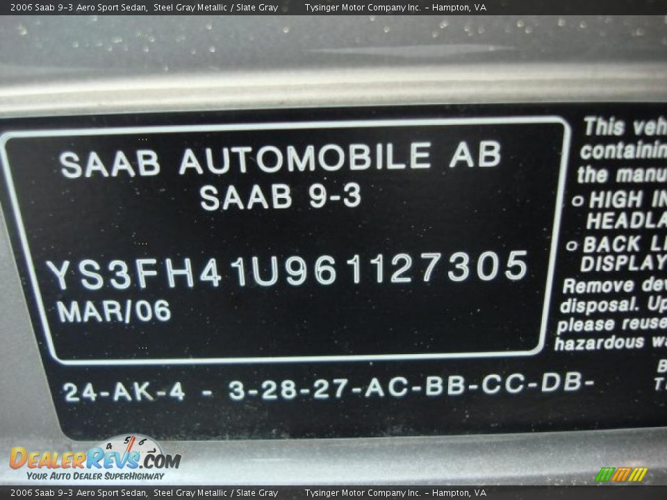 Info Tag of 2006 Saab 9-3 Aero Sport Sedan Photo #27