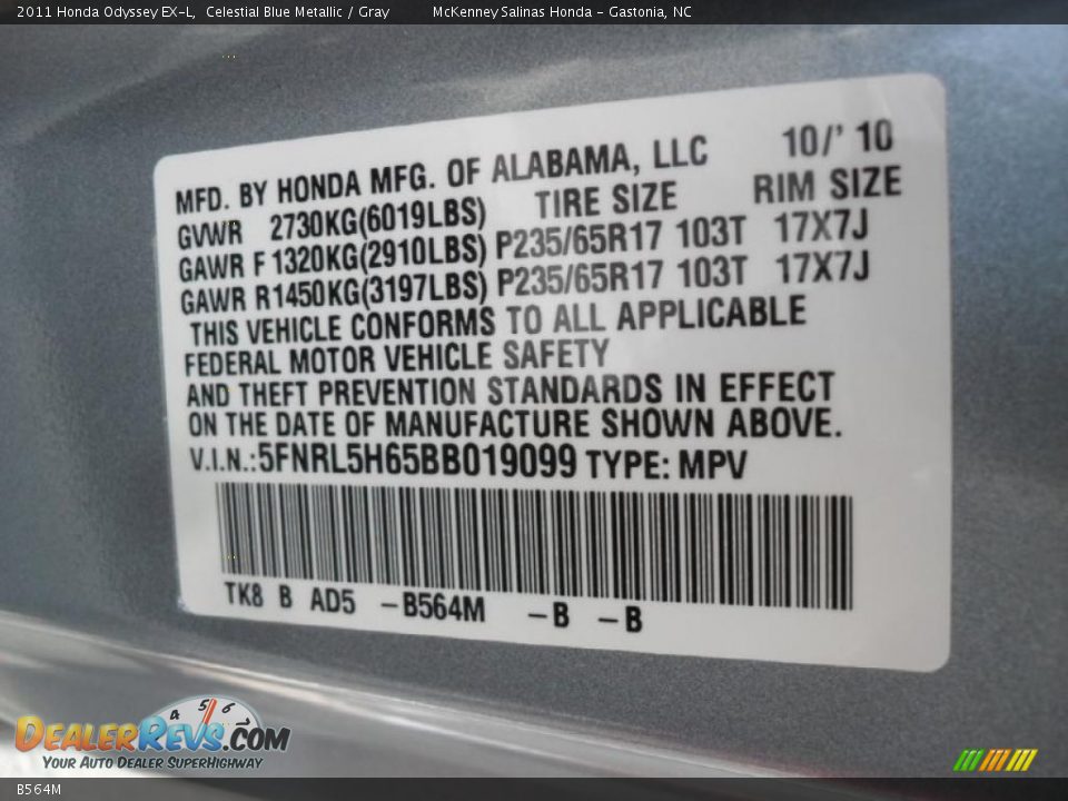 Honda Color Code B564M Celestial Blue Metallic