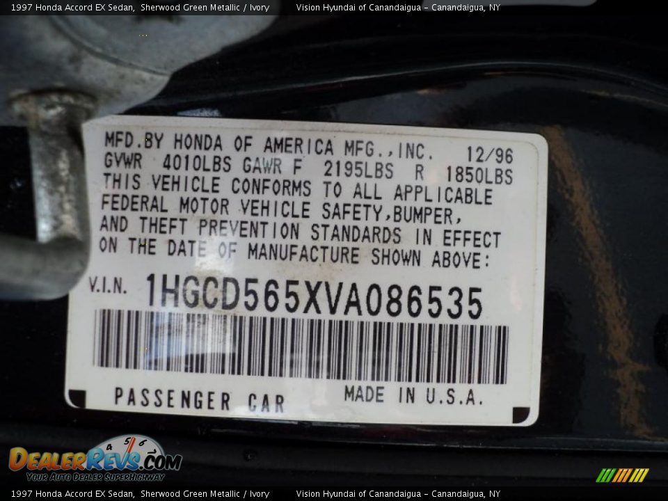 Info Tag of 1997 Honda Accord EX Sedan Photo #4