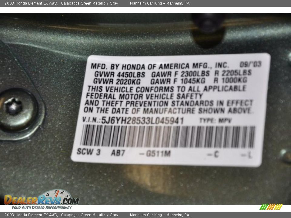 2003 Honda Element EX AWD Galapagos Green Metallic / Gray Photo #9