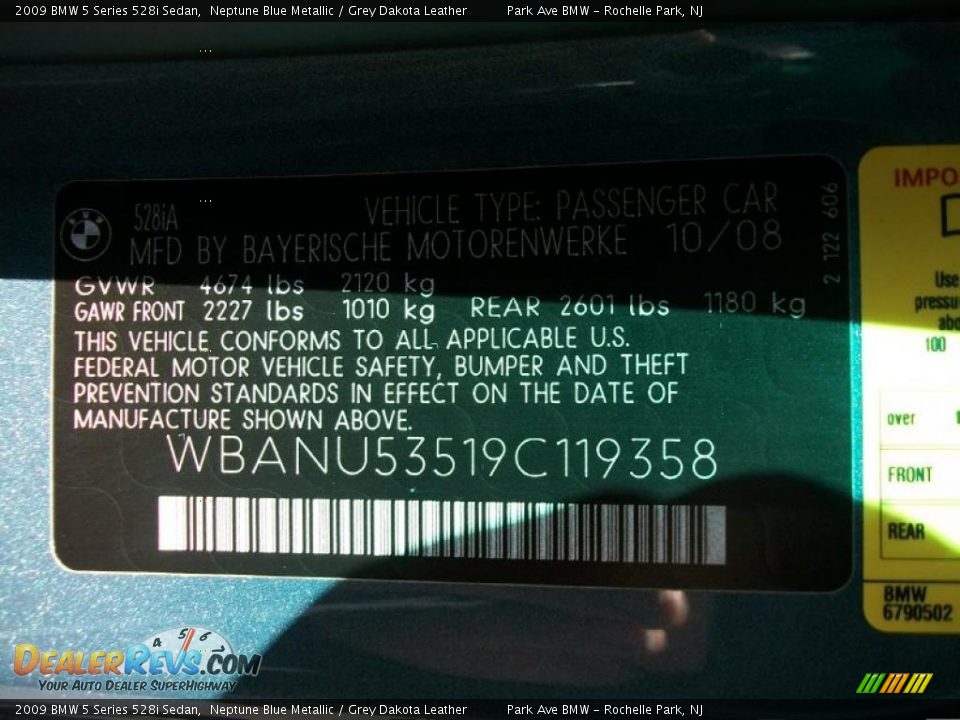 2009 BMW 5 Series 528i Sedan Neptune Blue Metallic / Grey Dakota Leather Photo #35