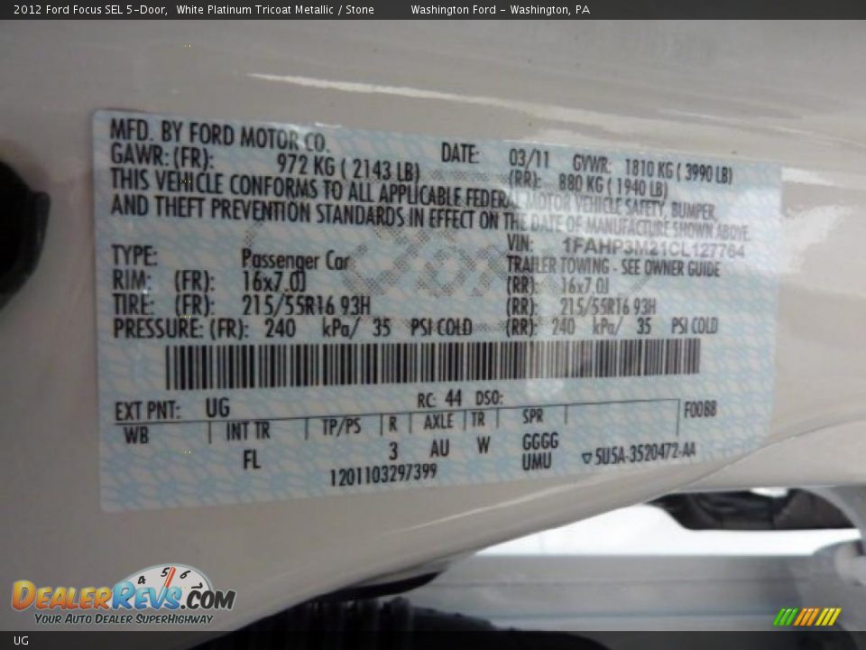 Ford Color Code UG White Platinum Tricoat Metallic