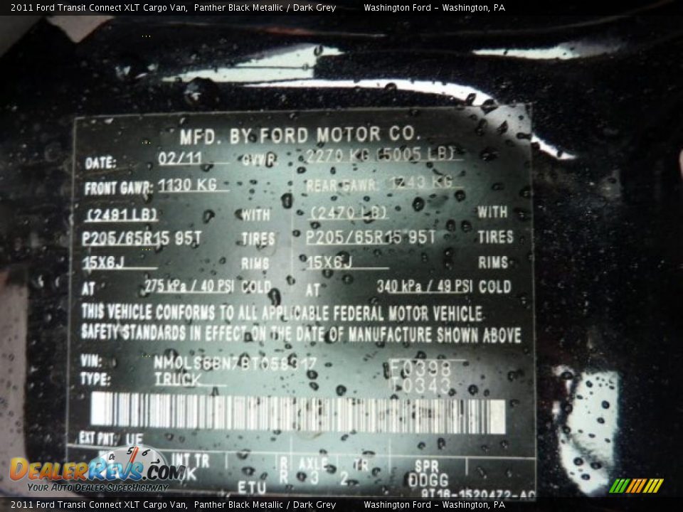 2011 Ford Transit Connect XLT Cargo Van Panther Black Metallic / Dark Grey Photo #17