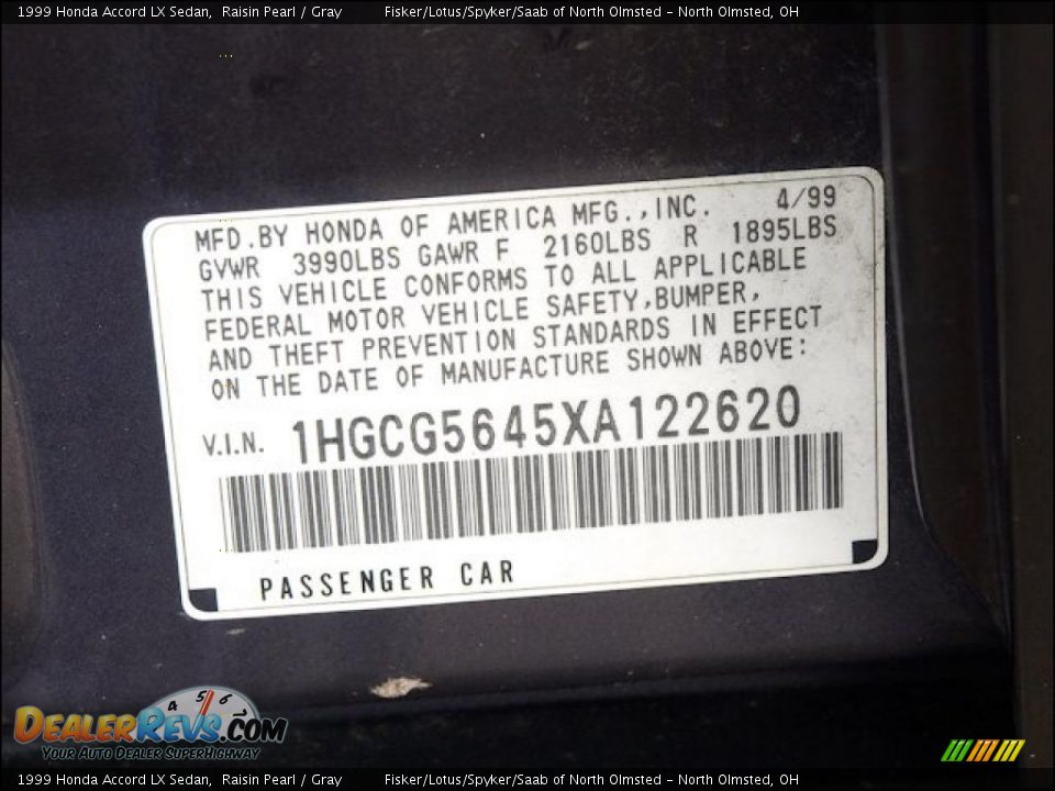 Info Tag of 1999 Honda Accord LX Sedan Photo #29