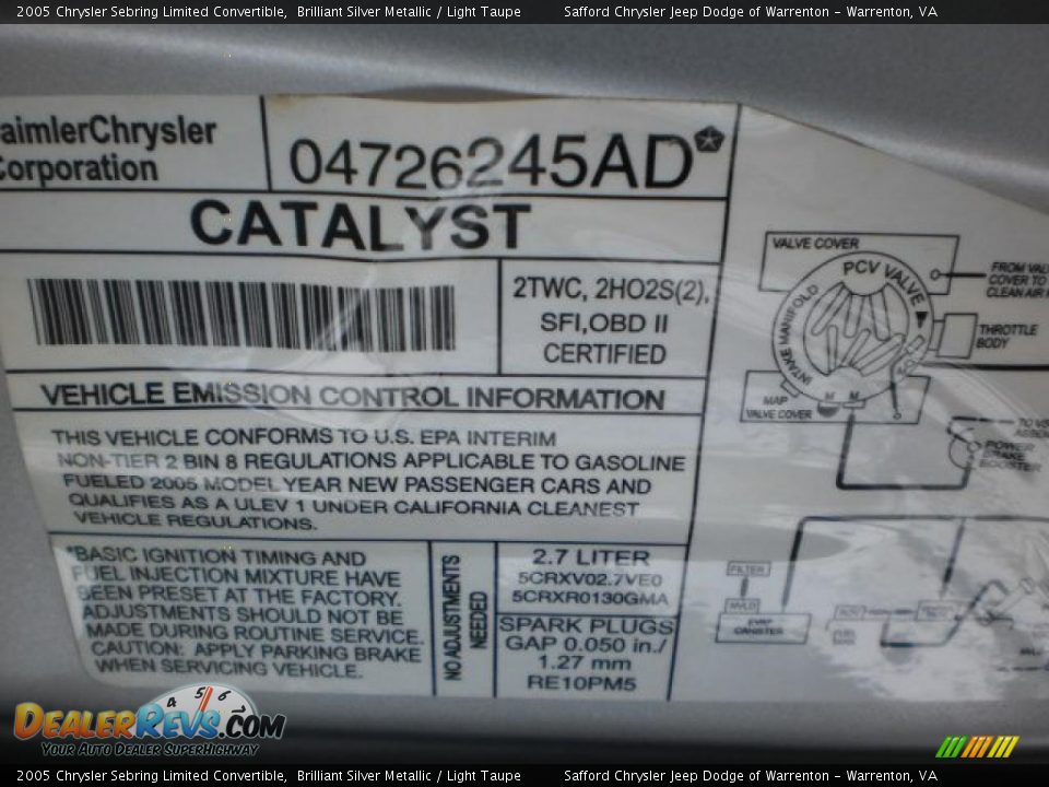 Info Tag of 2005 Chrysler Sebring Limited Convertible Photo #14