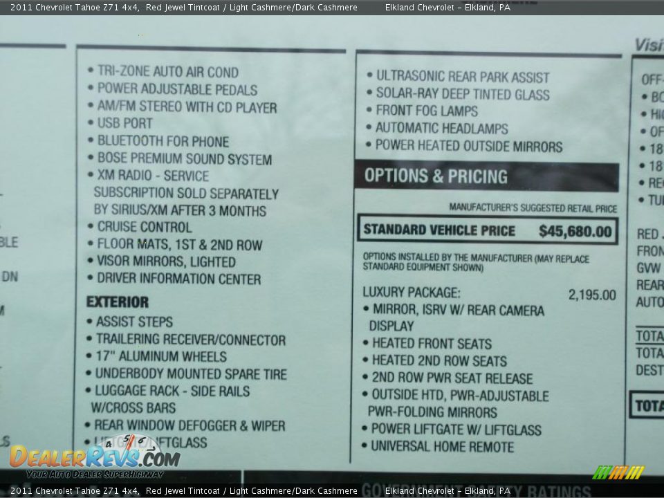 2011 Chevrolet Tahoe Z71 4x4 Window Sticker Photo #33