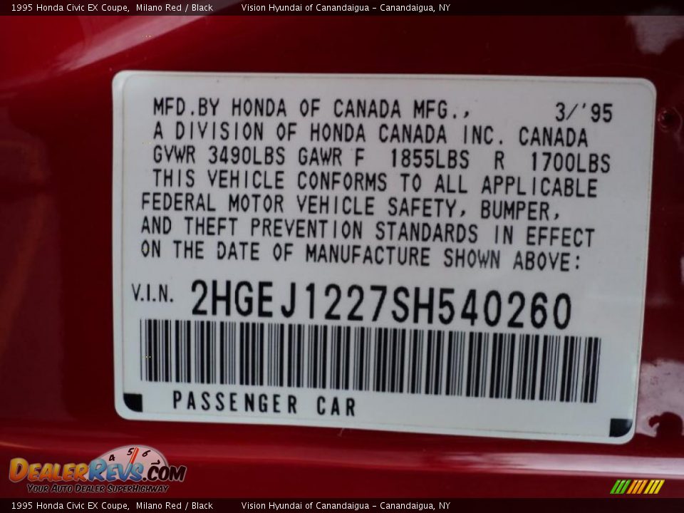 1995 Honda Civic EX Coupe Milano Red / Black Photo #3