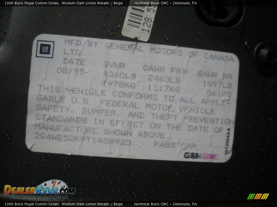 Info Tag of 1996 Buick Regal Custom Sedan Photo #13