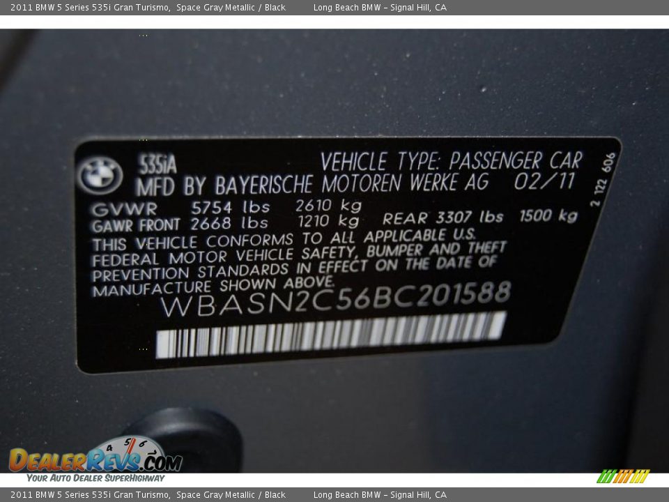 Info Tag of 2011 BMW 5 Series 535i Gran Turismo Photo #15